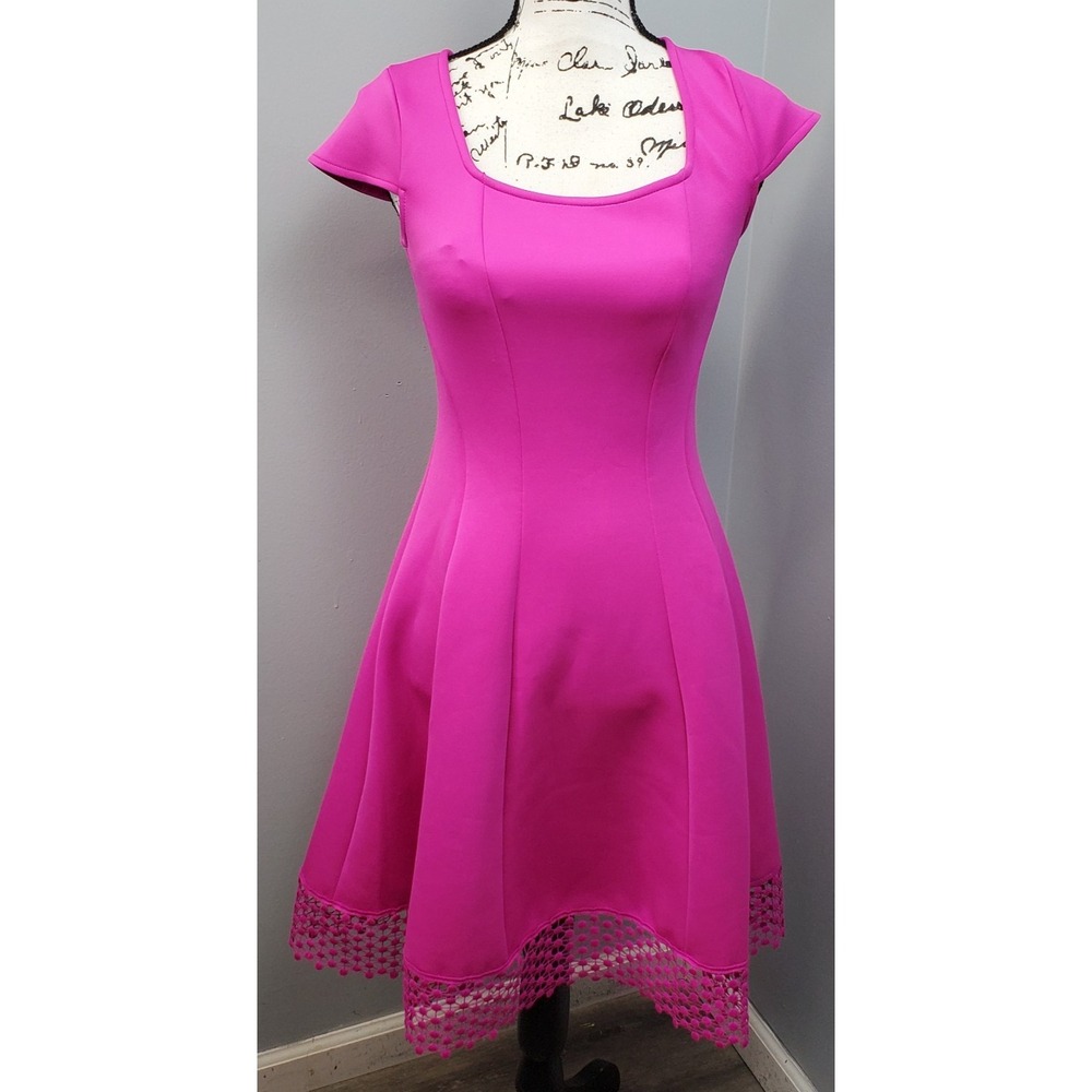 Donna Ricco Fit & Flare Dress Womens 2 Pink Lace Trim Hem Cap Sleeve Square Neck